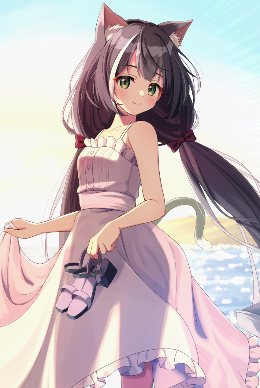 1girl animal_ears backlighting bangs black_footwear black_hair blue_sky blush bow cat_ears cat_girl cat_tail closed_mouth day dress eyebrows_visible_through_hair feet_out_of_frame frilled_dress frills green_eyes hair_bow highres karyl_(princess_connect!) long_hair looking_at_viewer low_twintails multicolored_hair outdoors princess_connect! red_bow sandals sandals_removed see-through_silhouette skirt_hold sky sleeveless sleeveless_dress smile solo standing streaked_hair sundress syurimp tail twintails two-tone_hair very_long_hair water white_dress white_hair