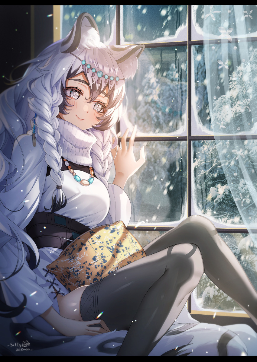 1girl absurdres animal_ear_fluff animal_ears arknights black_hair black_legwear blush braid breasts closed_mouth curtains dress earrings extra_ears grey_eyes highres indoors jewelry knees_up leopard_ears long_hair long_sleeves medium_breasts multicolored_hair necklace pillow pramanix_(arknights) sallyzaemon signature silver_hair sitting skirt smile snow snowing solo thigh-highs turtleneck_dress twin_braids two-tone_hair underbust very_long_hair white_dress window winter