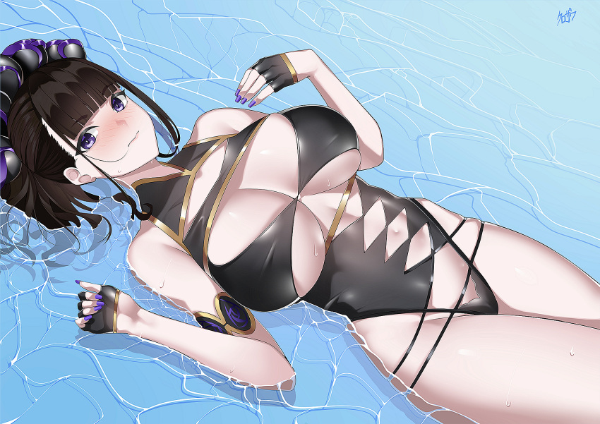 1girl armlet bangs bare_shoulders black_gloves black_swimsuit breasts covered_navel fate/grand_order fate_(series) fingerless_gloves flower gloves gold_trim hair_flower hair_ornament hair_up half_gloves highleg highleg_swimsuit highres kurozawa_yui large_breasts long_hair looking_at_viewer lying murasaki_shikibu_(fate) murasaki_shikibu_(swimsuit_rider)_(fate) on_back one-piece_swimsuit purple_hair solo swimsuit thighs tied_hair violet_eyes water wet