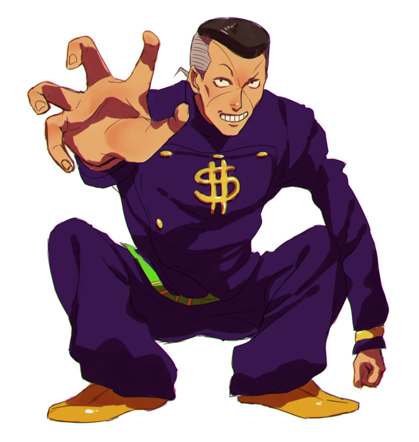 1boy black_hair cheekbones diamond_wa_kudakenai dollar_sign facial_mark gakuran grey_hair grin highres jojo_no_kimyou_na_bouken male_focus multicolored_hair nijimura_okuyasu outstretched_hand pompadour samuraisamurai school_uniform smile solo squatting two-tone_hair