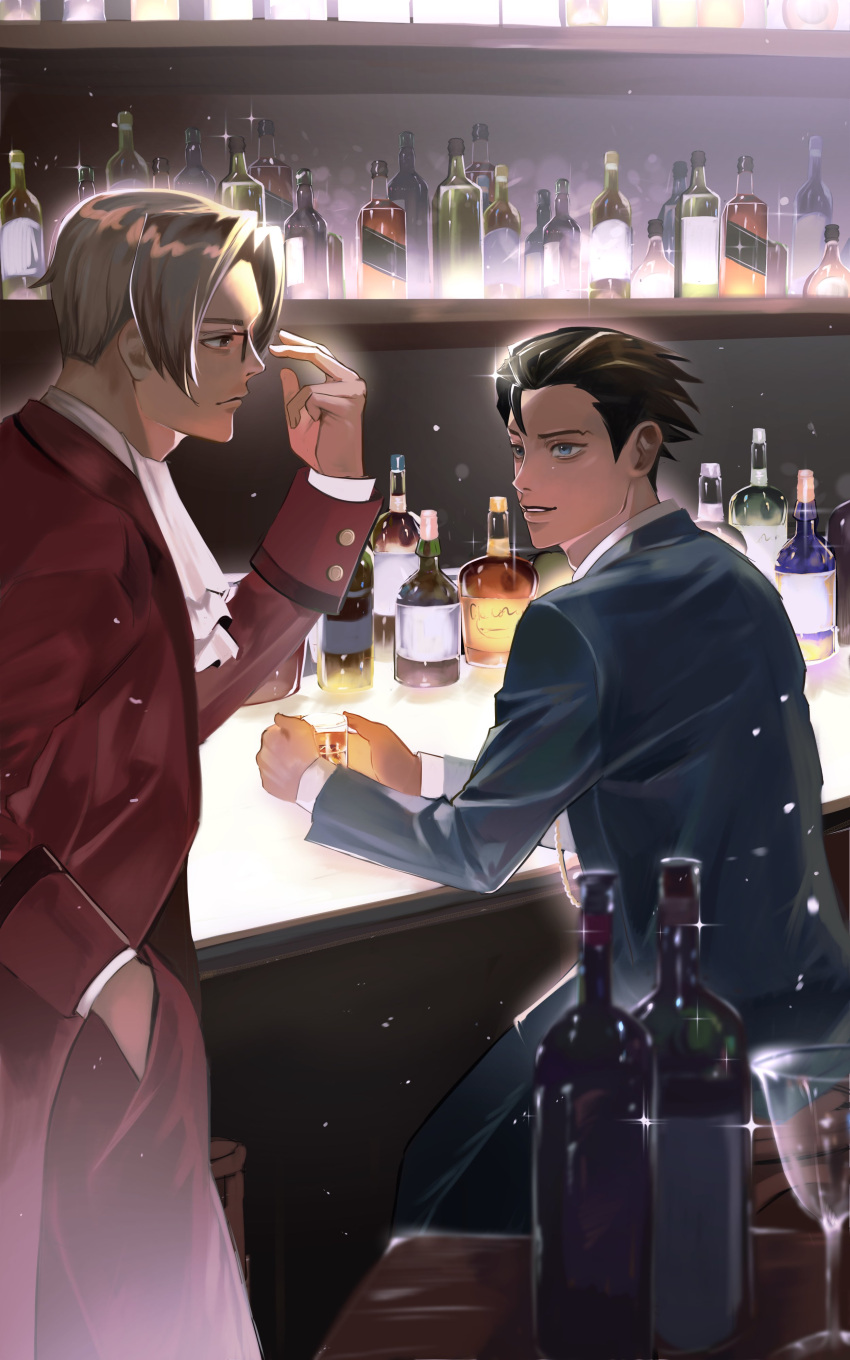 2boys absurdres ace_attorney alcohol bar bottle business_suit cup drinking_glass formal highres jtsp0 liquor looking_at_another male_focus miles_edgeworth multiple_boys phoenix_wright restaurant shot_glass sitting suit wine_bottle wine_glass