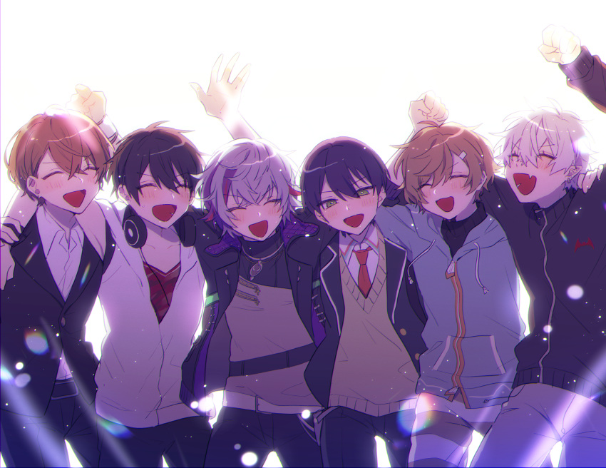 6+boys blonde_hair blue_hair brown_hair closed_eyes ear_piercing earrings fuwa_minato green_eyes highres jewelry kagami_hayato kanae_(nijisanji) kenmochi_touya kuzuha_(nijisanji) mole mole_under_eye multicolored_hair multiple_boys nekojiri nijisanji pale_skin piercing pink_hair pointy_ears purple_hair vampire virtual_youtuber white_hair yumeoi_kakeru