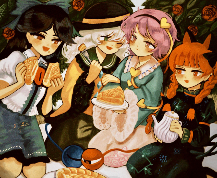 4girls :d animal_ears bangs black_hair black_hairband black_headwear blouse blue_blouse blunt_bangs blush bow braid bright_pupils brown_eyes buttons cat_ears cat_tail closed_mouth collared_shirt commentary commission diamond_button dress eating extra_ears eyebrows_behind_hair fang floral_print flower food food_on_face fork frilled_shirt_collar frilled_skirt frilled_sleeves frills green_bow green_dress green_eyes green_skirt hair_between_eyes hair_bow hair_ornament hairband happy hat hat_ribbon heads_together heart heart_button heart_hair_ornament hell0120 highres holding holding_food holding_fork holding_plate holding_teapot juliet_sleeves kaenbyou_rin kneeling komeiji_koishi komeiji_satori leaf leaning_on_person locked_arms long_hair long_sleeves looking_at_another medium_hair multiple_girls multiple_tails nekomata one_eye_closed open_mouth parted_bangs picnic pie pink_eyes pink_hair pink_skirt plate puffy_short_sleeves puffy_sleeves red_bow red_eyes red_flower red_rose redhead reiuji_utsuho ribbon ribbon_trim rose rose_print shirt short_hair short_sleeves silver_hair skeb_commission skirt smile tail teapot third_eye touhou twin_braids two_tails wavy_hair white_pupils white_shirt wide_sleeves yellow_blouse yellow_ribbon