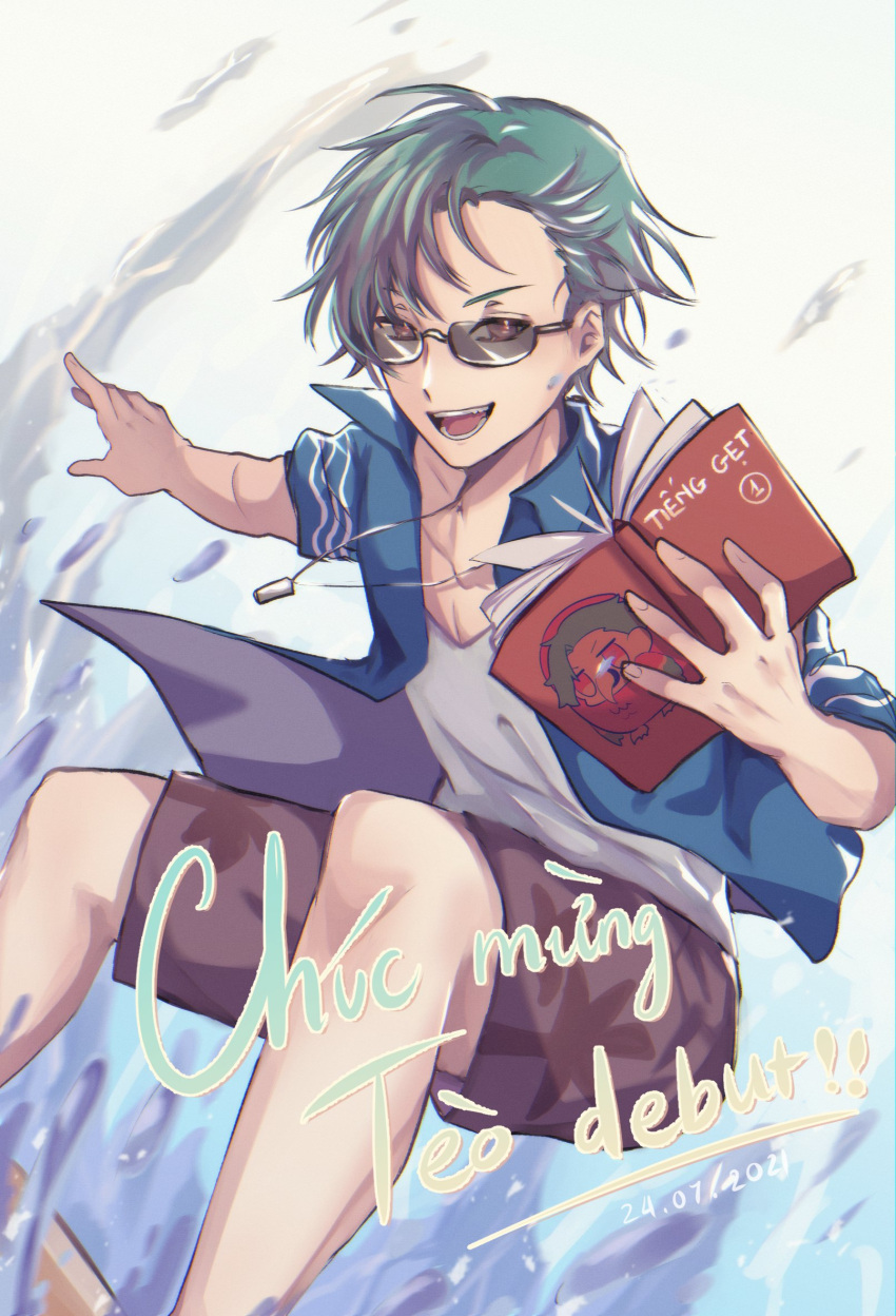 1boy 3di_project amel3di book collared_shirt dated green_hair highres jortun_leventor loose_clothes male_focus open_mouth red_eyes shirt shorts solo sunglasses vietnamese_text virtual_youtuber water waves white_shirt