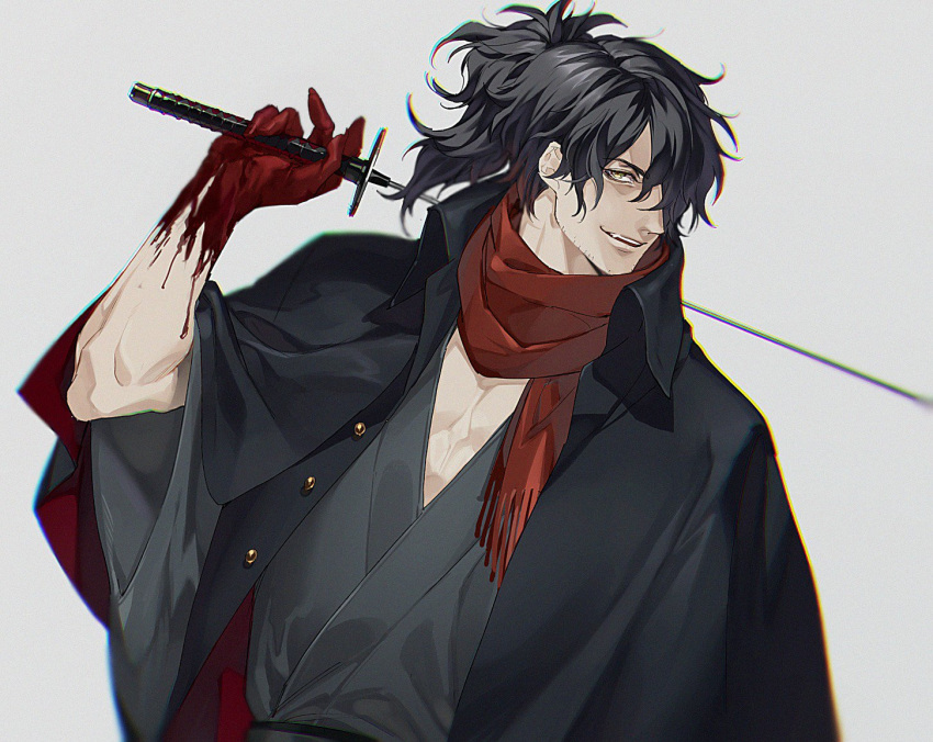 1boy bangs black_hair blood blood_on_hands fate/grand_order fate/type_redline fate_(series) grey_background hair_over_one_eye holding holding_sword holding_weapon japanese_clothes katana kiki_(re_6xxx) kimono koha-ace long_hair long_sleeves looking_at_viewer male_focus muscular muscular_male okada_izou_(fate) ponytail scarf smile solo sword toned toned_male type-moon weapon yellow_eyes
