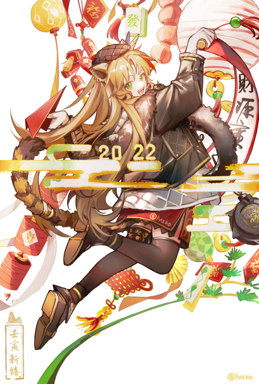 1girl 2022 :d animal_ears arknights artist_name bag black_headwear black_jacket black_legwear blonde_hair chinese_new_year dress from_behind full_body fur_shawl green_eyes highres holding jacket lantern long_hair looking_at_viewer looking_back mido_(mido_chen) multicolored_hair official_alternate_costume open_clothes open_jacket open_mouth paper_airplane paper_lantern red_dress redhead scroll shoes simple_background smile solo streaked_hair swire_(arknights) swire_(honor_and_splendor)_(arknights) tail tassel thigh-highs tiger_ears tiger_girl tiger_tail two-tone_hair very_long_hair white_background zettai_ryouiki