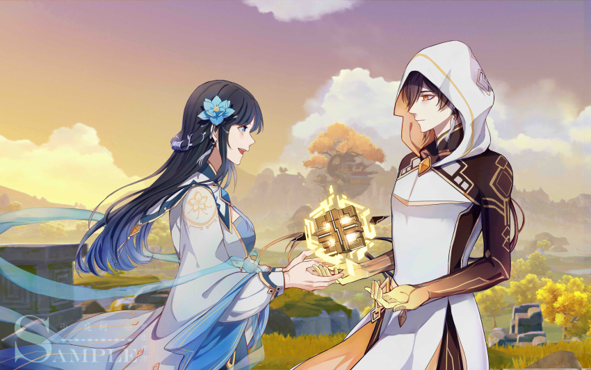 1boy 1girl :| absurdres alternate_costume arm_tattoo bangs bare_shoulders black_hair blue_dress blue_eyes breasts brown_hair chinese_clothes chinese_commentary cloak closed_mouth clouds cloudy_sky coat day dress earrings floating_scarf flower flower_ornament gem genshin_impact glaze_lily gradient_hair grass guizhong_(genshin_impact) hagoromo hair_between_eyes hair_flower hair_ornament hanfu highres hood hood_up hooded_cloak hooded_coat jewelry large_breasts light long_hair long_sleeves memory_of_dust_(genshin_impact) mountain mountainous_horizon multicolored_hair nature open_mouth outdoors outstretched_hand plant ponytail rex_lapis_(genshin_impact) ruins scenery shadow shawl sidelocks single_earring sky sleeveless smile tassel tattoo teeth tingke tree upper_body upper_teeth white_coat wide_sleeves yellow_eyes zhongli_(genshin_impact)