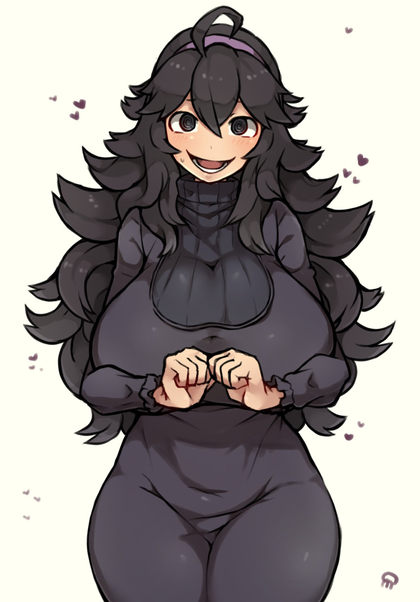1girl @_@ ahoge alternate_breast_size black_eyes black_hair breasts commentary cropped_legs dress headband heart hex_maniac_(pokemon) highres large_breasts long_dress long_hair looking_at_viewer own_hands_together pokemon pokemon_(game) pokemon_xy purple_headband ribbed_sweater simple_background smile solo standing sweater umitsuki_(kurage_no_shokushu) white_background