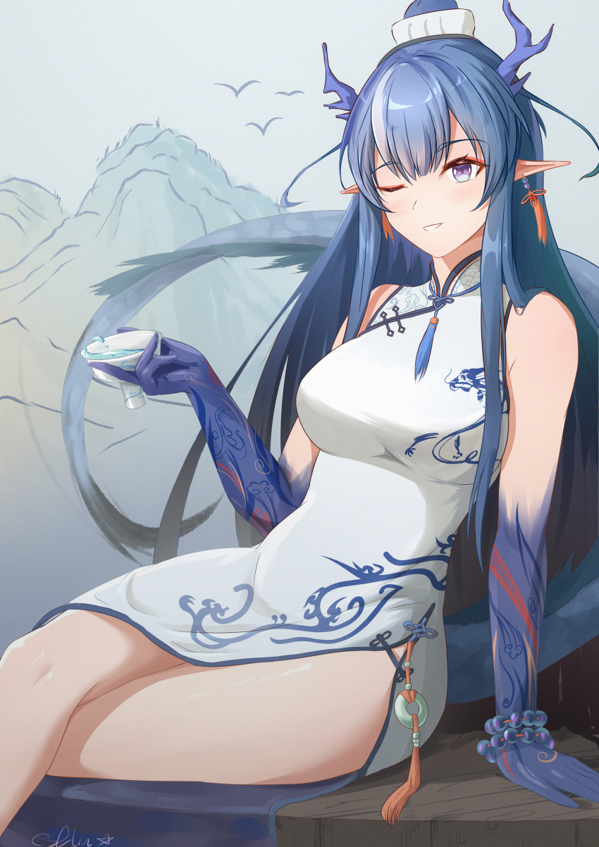 1girl ;d absurdres alternate_costume arknights bangs bare_shoulders bead_bracelet beads black_hair blue_hair blue_skin bracelet breasts china_dress chinese_clothes colored_skin crossed_legs csllin cup dragon_girl dragon_horns dragon_tail dress earrings eyebrows_visible_through_hair gradient_hair gradient_skin highres holding holding_cup horns jewelry large_breasts ling_(arknights) long_hair looking_at_viewer mountain multicolored_hair one_eye_closed parted_lips pelvic_curtain pointy_ears signature sleeveless sleeveless_dress smile solo tail tassel tassel_earrings thighs very_long_hair violet_eyes white_dress