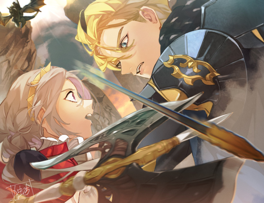 1girl 2boys armor arrow_(projectile) battle blonde_hair blue_eyes bow_(weapon) cape claude_von_riegan dimitri_alexandre_blaiddyd doku_gin1126 dragon edelgard_von_hresvelg fighting fire_emblem fire_emblem:_three_houses fire_emblem_warriors fire_emblem_warriors:_three_hopes hair_ornament highres holding long_hair multiple_boys open_mouth red_cape tail weapon white_hair wings wyvern