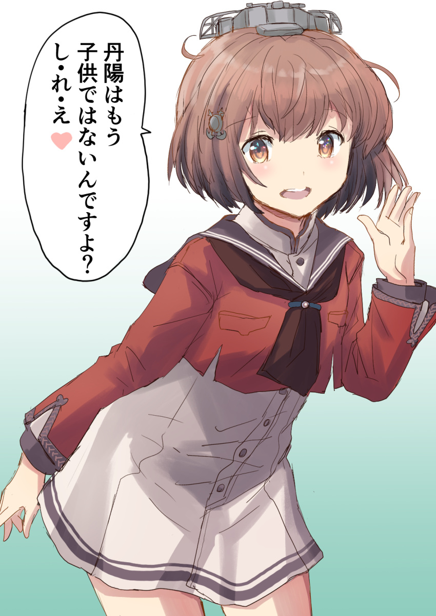 1girl brown_eyes brown_hair brown_neckerchief commentary_request cowboy_shot dress fuji_(pixiv24804665) gradient gradient_background grey_sailor_collar hair_ornament hairclip headgear highres kantai_collection leaning_forward looking_at_viewer neckerchief open_mouth red_shirt round_teeth sailor_collar sailor_shirt shirt short_hair solo standing tan_yang_(kancolle) teeth translation_request upper_teeth white_dress yukikaze_(kancolle)