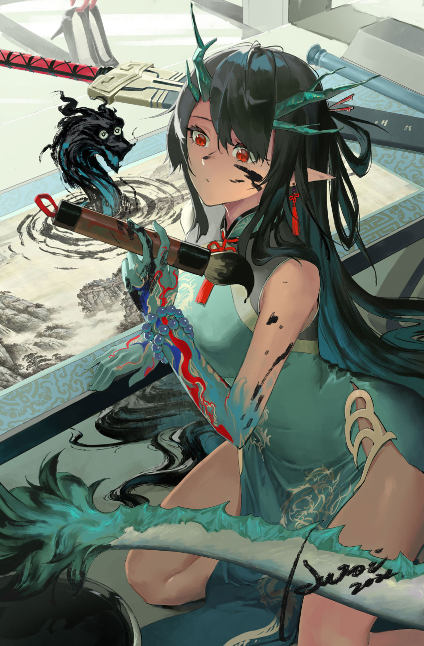 1girl arknights aweii_(aweii98723) bead_bracelet beads black_hair blue_dress blue_hair blue_skin bracelet breasts calligraphy_brush chinese_clothes chinese_commentary closed_mouth colored_skin commentary_request dated dragon dragon_girl dragon_horns dragon_tail dress dusk_(arknights) dusk_(everything_is_a_miracle)_(arknights) earrings eyebrows_behind_hair facepaint gradient_hair gradient_skin highres holding holding_brush horns ink jewelry long_hair medium_breasts multicolored_hair official_alternate_costume paintbrush pelvic_curtain pointy_ears red_eyes scroll sheath sheathed signature sitting sleeveless sleeveless_dress solo sword tail tassel tassel_earrings very_long_hair weapon