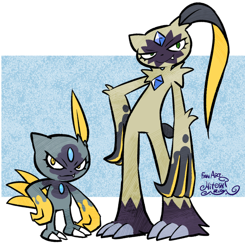 2others alternate_color ariga_hitoshi claws closed_mouth commentary_request english_text fangs full_body height_difference highres multiple_others open_mouth pokemon pokemon_(creature) pokemon_(game) pokemon_legends:_arceus purple_fur red_eyes shiny_pokemon signature simple_background sneasel sneasler standing tail_feathers