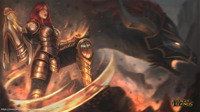 1girl absurdres armor bangs blurry blurry_background breastplate colored_sclera copyright_name dragon faulds gauntlets glowing glowing_eyes greaves highres horns ironscale_shyvana joaowbenfica league_of_legends metal_boots no_headwear no_helmet no_pupils orange_sclera pauldrons redhead shoulder_armor shyvana solo sword weapon