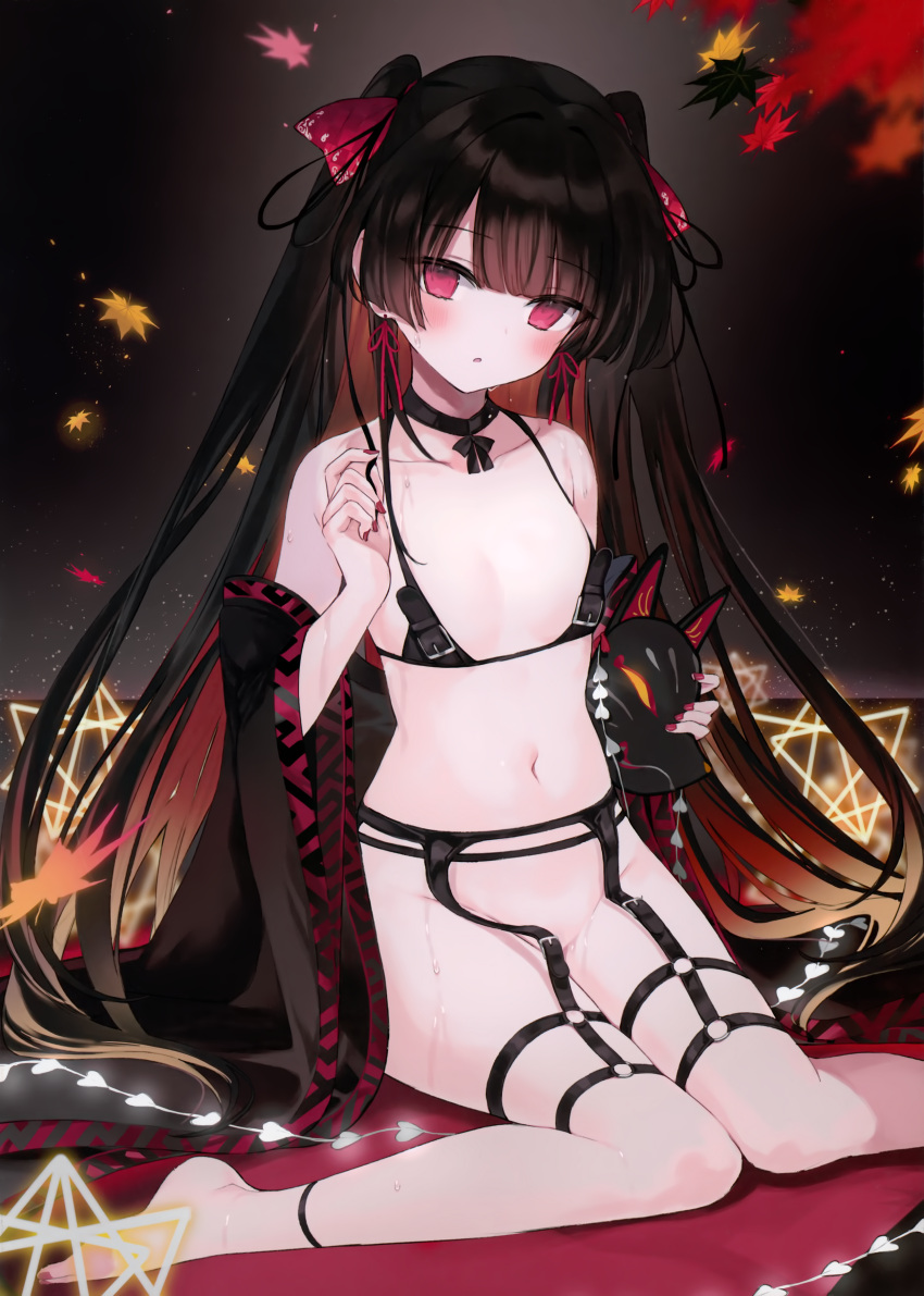 1girl absurdres bangs black_hair breasts detached_sleeves earrings eyebrows_visible_through_hair fox_mask garter_straps highres jewelry long_hair long_sleeves mask multicolored_hair nail_polish nanananana navel no_panties original red_eyes red_nails redhead shirt sitting small_breasts solo two-tone_hair two_side_up very_long_hair wet white_shirt wide_sleeves