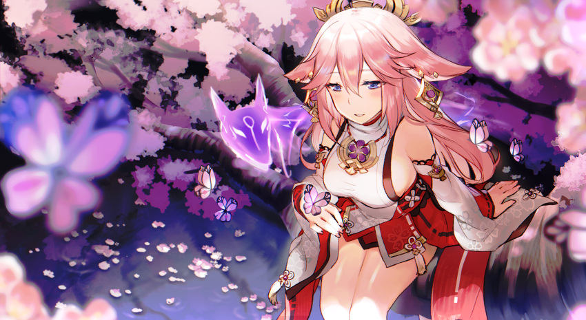 1girl animal_ears bangs breasts bug butterfly cherry_blossoms craytm detached_sleeves earrings eyebrows_visible_through_hair fox_ears genshin_impact hair_between_eyes hair_ornament highres japanese_clothes jewelry large_breasts long_hair miko pink_hair sitting solo violet_eyes vision_(genshin_impact) yae_miko