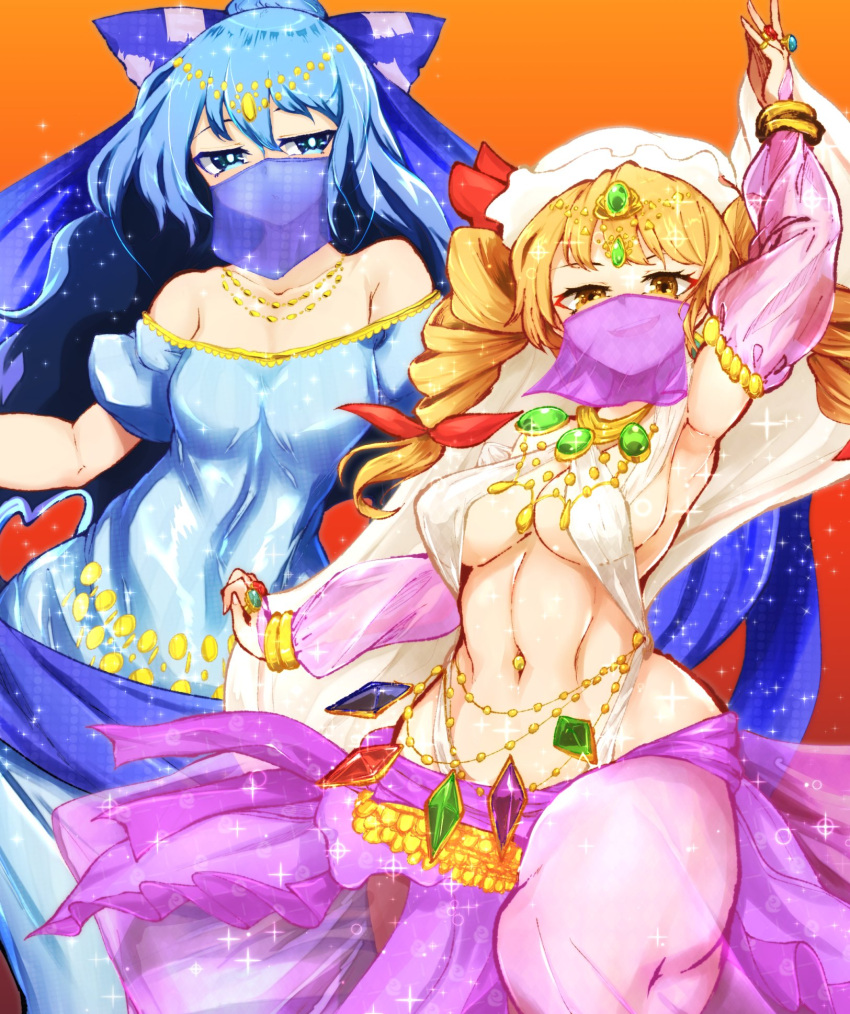 2girls alternate_costume arabian_clothes arm_up bangle bangs bare_shoulders blue_bow blue_eyes blue_hair blush bow bracelet breasts bright_pupils collarbone commentary_request covered_mouth covered_navel dancer detached_sleeves drill_hair eyelashes fingernails gold_bracelet gold_trim hair_bow hair_ribbon hat hat_bow highres jewelry long_hair looking_at_viewer looking_to_the_side medium_breasts medium_hair multiple_girls navel necklace no_bra orange_eyes orange_hair pandain ponytail puffy_sleeves red_bow ribbon ring see-through see-through_sleeves shiny shiny_hair siblings sideboob sidelocks sisters smile sparkle standing stomach thighs tiara touhou tress_ribbon veil white_headwear white_pupils yorigami_jo'on yorigami_shion