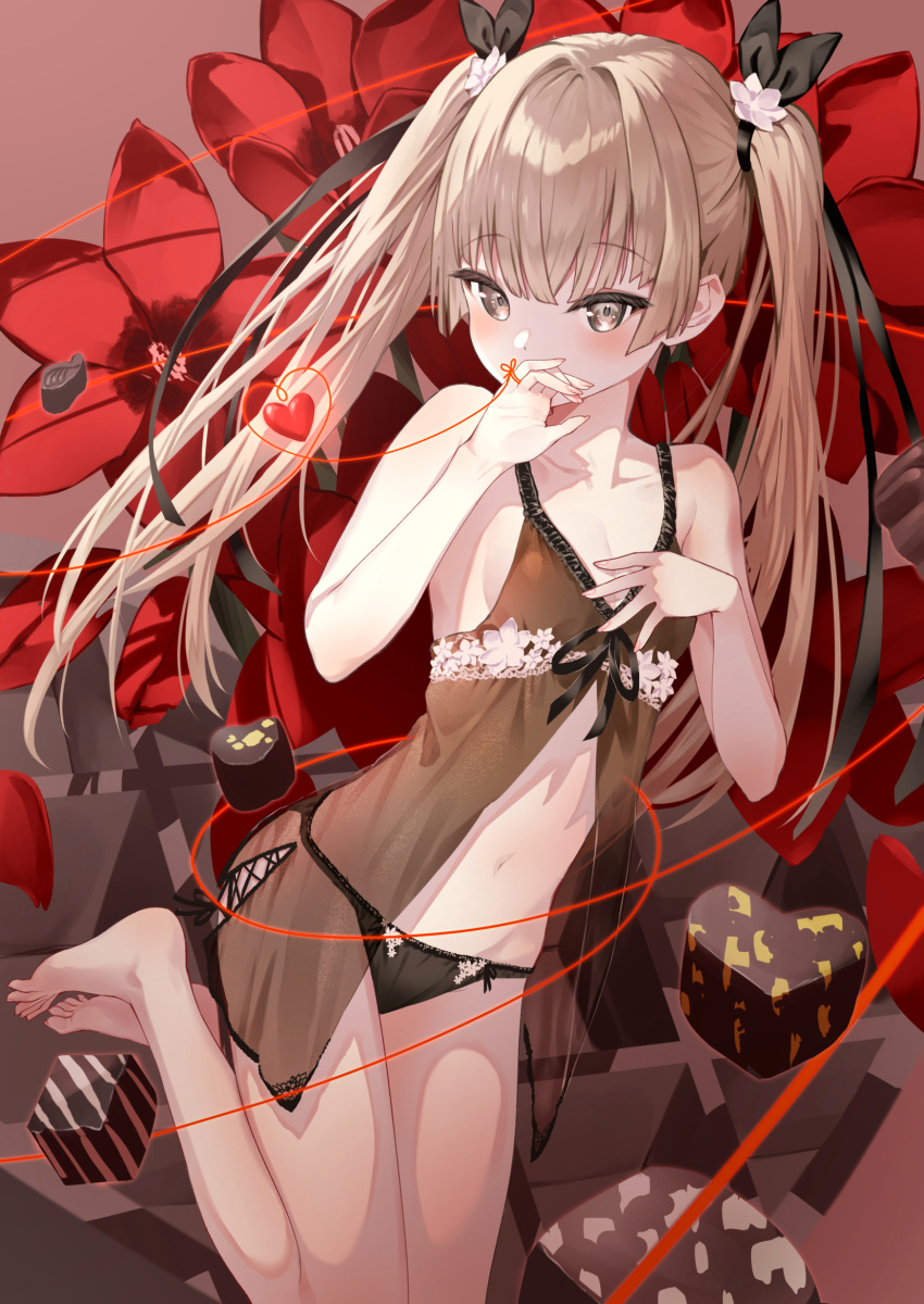 1girl babydoll bare_shoulders barefoot black_panties black_ribbon blonde_hair blush box breasts brown_eyes chocolate commentary_request eyebrows_visible_through_hair flower gift gift_box hair_flower hair_ornament hair_ribbon heart-shaped_box highres lace-trimmed_panties lace_trim lingerie long_hair looking_at_viewer namikishiho navel original panties ribbon see-through small_breasts solo string string_around_finger string_of_fate toes twintails underwear
