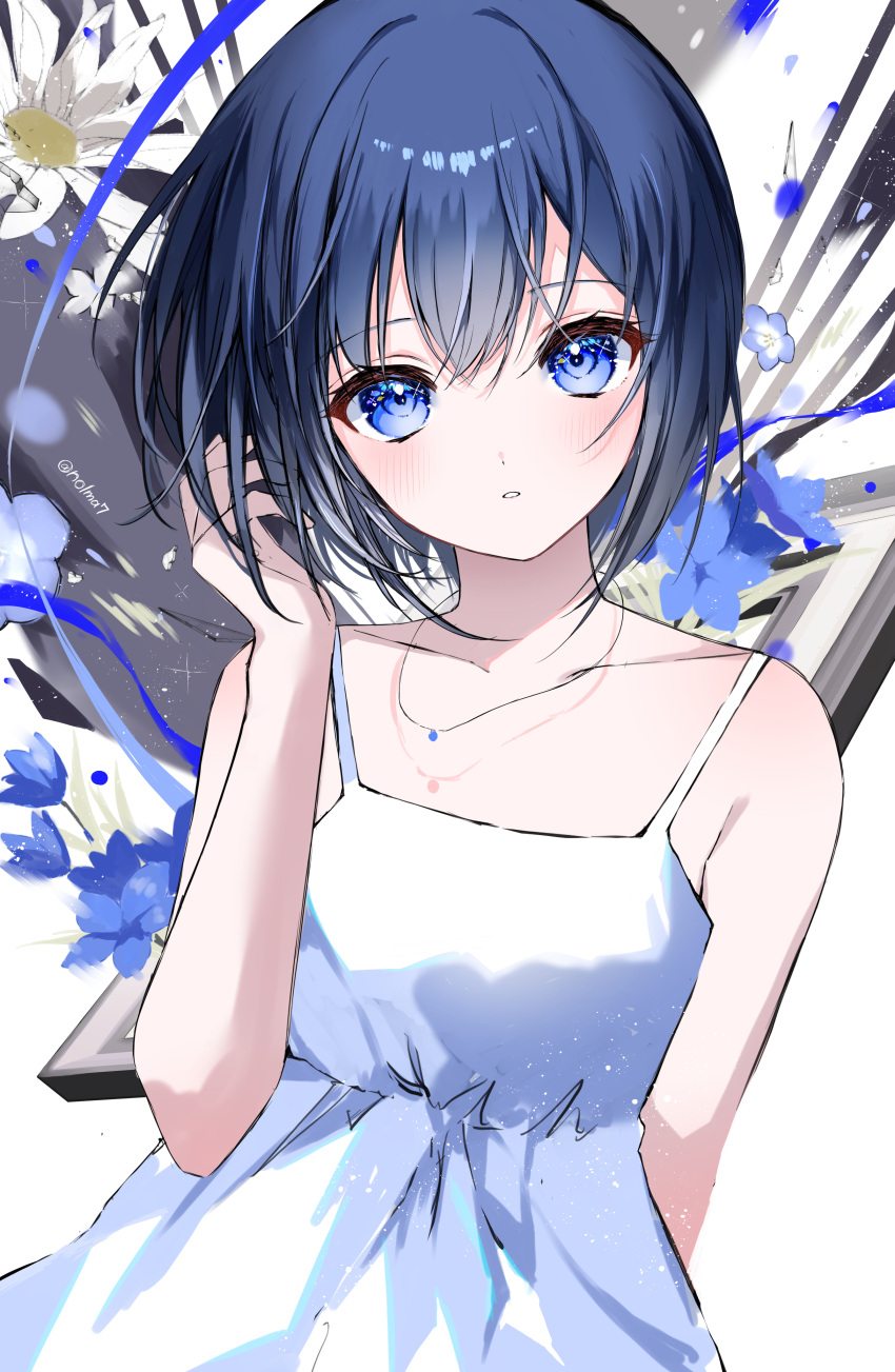 1girl absurdres bangs bare_arms bare_shoulders black_hair blue_eyes blue_flower collarbone commentary_request dress eyebrows_visible_through_hair floral_background flower hair_between_eyes hand_up highres looking_at_viewer nolma7 original parted_lips short_hair sleeveless sleeveless_dress solo twitter_username white_dress white_flower