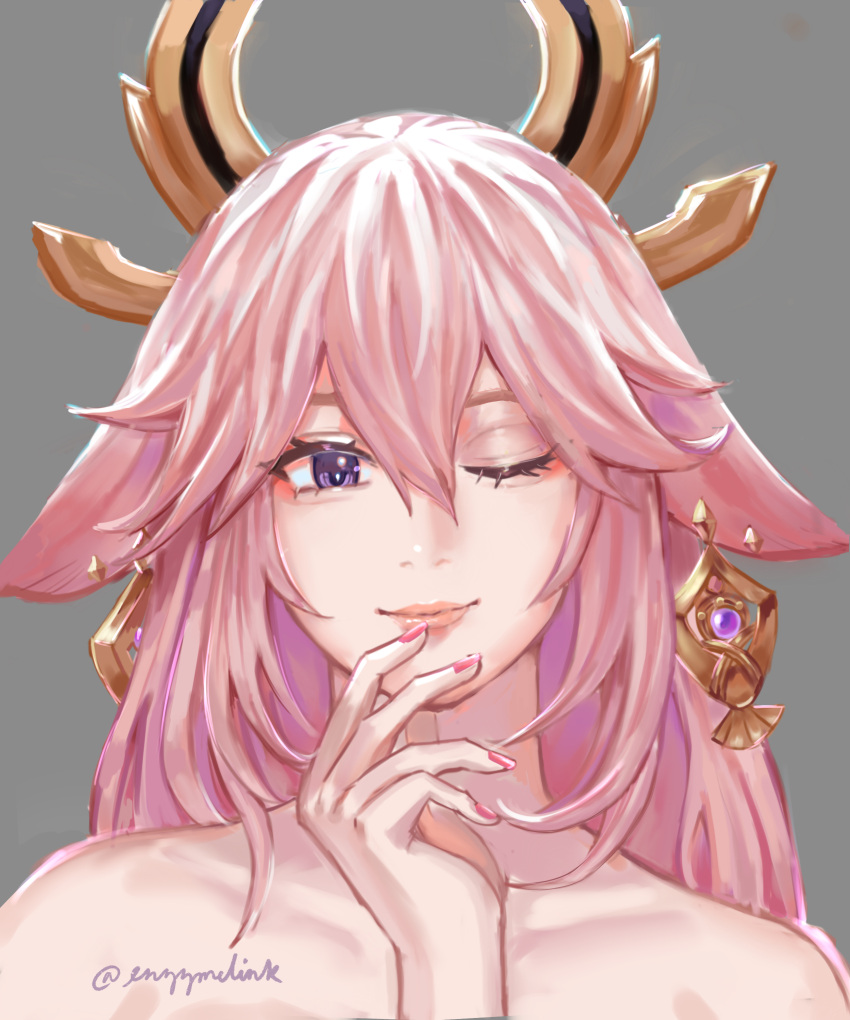 1girl absurdres animal_ears bare_shoulders earrings enzymelink finger_to_mouth fox_ears genshin_impact grey_background highres jewelry long_hair one_eye_closed pink_hair pink_lips pink_nails twitter_username upper_body violet_eyes yae_miko