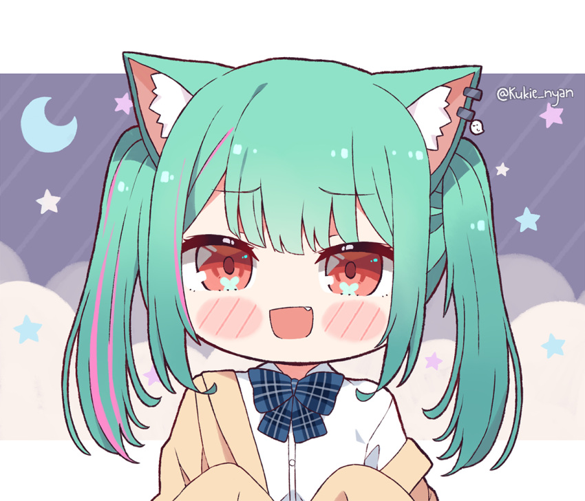 1girl :d animal_ear_fluff animal_ears cardigan cat_ears commentary dress_shirt ear_piercing english_commentary eyebrows_visible_through_hair fang green_hair hololive kukie-nyan looking_at_viewer medium_hair multicolored_hair piercing pink_hair red_eyes school_uniform shirt smile solo streaked_hair twintails uruha_rushia virtual_youtuber white_shirt yellow_cardigan