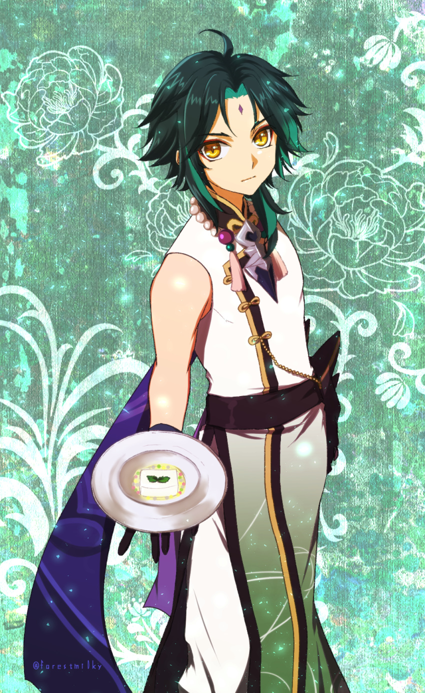 1boy artist_name bangs bare_shoulders bead_necklace beads black_gloves chinese_clothes closed_mouth commentary expressionless eyeshadow floral_print food forehead genshin_impact gloves gold_trim green_background green_hair highres holding holding_plate jewelry looking_at_viewer makeup male_focus medium_hair miru_morinaga necklace outstretched_hand parted_bangs plate purple_sash sash sleeveless solo standing tofu v-shaped_eyebrows xiao_(genshin_impact) yellow_eyes