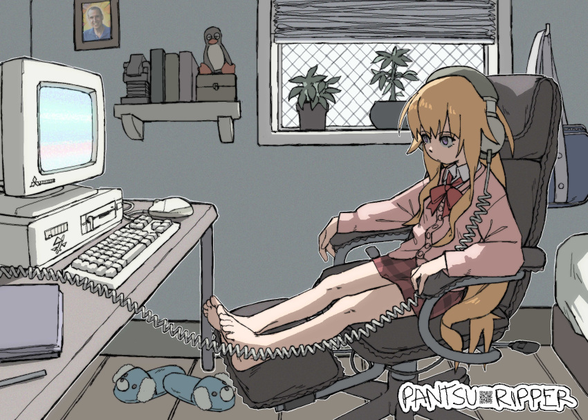 1girl :/ absurdres ahoge artist_logo bag bangs barefoot bed bird blinds blonde_hair book bow bowtie cardigan chair closed_mouth collared_shirt commentary commission computer crt desk dog_slippers english_commentary eyebrows_visible_through_hair framed_image full_body gabriel_dropout gabriel_tenma_white hair_between_eyes headphones highres indoors keyboard_(computer) linux long_hair long_sleeves looking_at_screen looking_to_the_side miniskirt mitsubishi_electric mouse_(computer) notebook office_chair pantsu-ripper pen penguin photo_inset pink_cardigan plaid plaid_skirt plant potted_plant qr_code real_life red_bow red_bowtie red_skirt school_bag shelf shirt sidelocks sitting skirt slippers solo terry_a_davis tux very_long_hair violet_eyes white_shirt window wing_collar wooden_floor