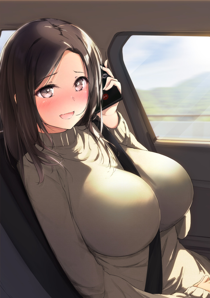 1girl :d between_breasts black_hair blush breasts brown_eyes car_interior cellphone clouds cloudy_sky commentary_request day dermar guard_rail highres holding holding_phone large_breasts long_hair long_sleeves mountain open_mouth original phone road school_uniform sitting sky smartphone smile solo strap_between_breasts sweater taut_sweater turtleneck turtleneck_sweater window