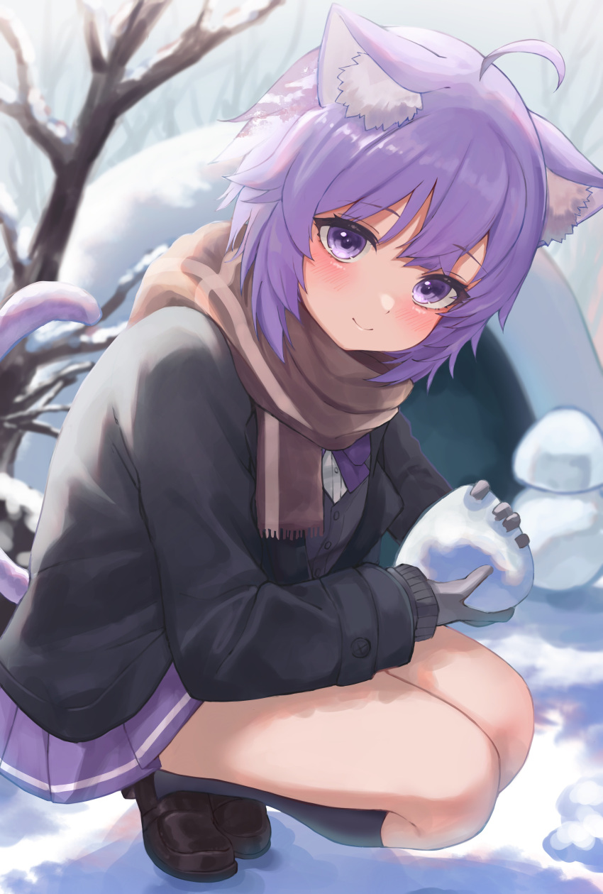 1girl absurdres ahoge animal_ear_fluff animal_ears ayama_nano bangs bare_tree black_jacket black_legwear blush brown_footwear brown_scarf cat_ears cat_girl cat_tail closed_mouth commentary eyebrows_visible_through_hair from_side full_body gloves grey_gloves highres holding_snowball hololive jacket kneehighs loafers long_sleeves nekomata_okayu pleated_skirt purple_hair purple_skirt scarf shoes short_hair skirt smile snow solo squatting tail tail_raised tree violet_eyes virtual_youtuber