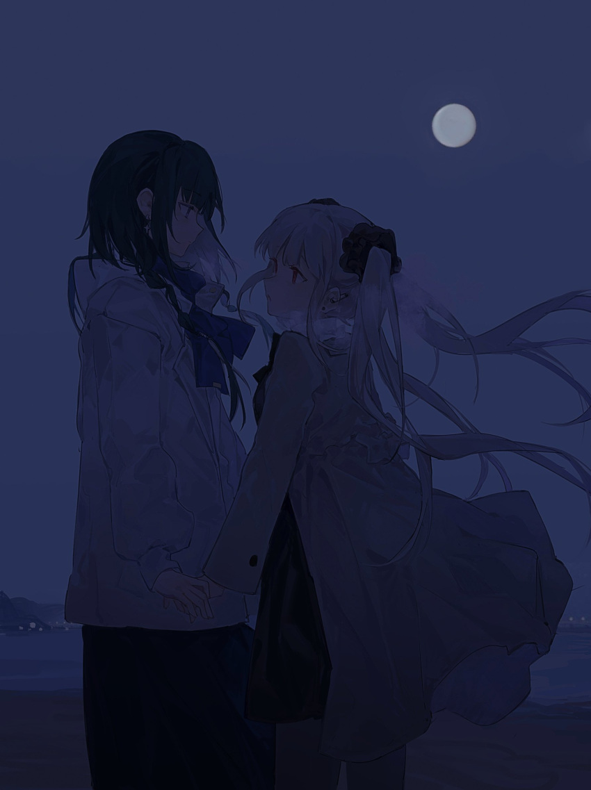 2girls beach black_hair closed_mouth clouds cloudy_sky coat earrings from_side highres holding_hands horizon jewelry long_hair looking_at_another mechari medium_hair moon multiple_girls night night_sky original red_eyes sky standing twintails white_hair yuri