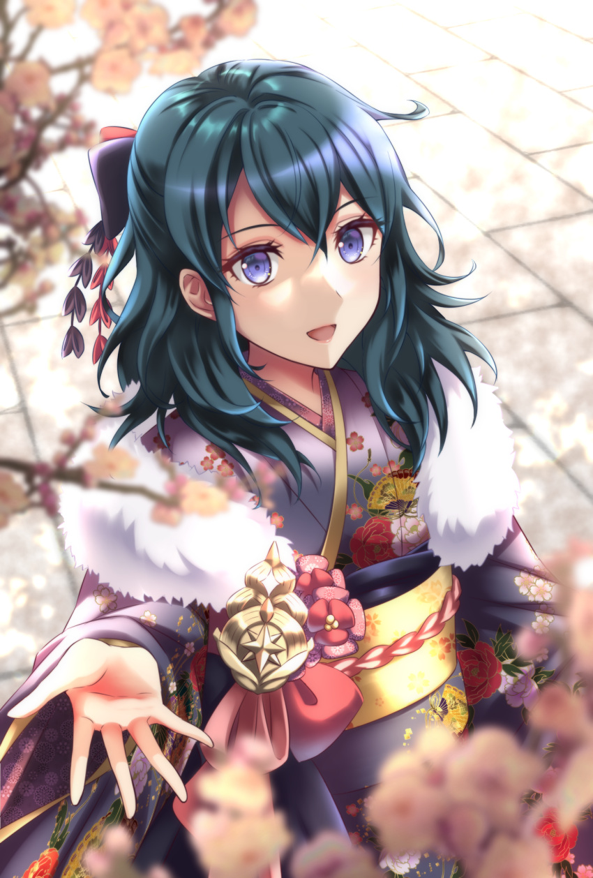 1girl :d alternate_costume bangs blue_eyes blue_hair blurry blurry_foreground byleth_(fire_emblem) byleth_eisner_(female) day fire_emblem fire_emblem:_three_houses floral_print grey_kimono hair_between_eyes highres japanese_clothes kakiko210 kimono long_hair open_mouth outdoors outstretched_hand print_kimono shiny shiny_hair smile solo standing yukata