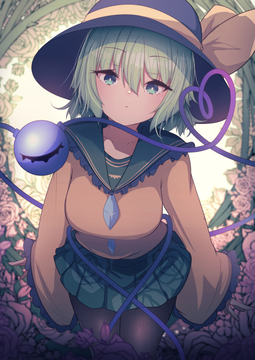 1girl bangs blouse blush breasts buttons collared_blouse commentary_request crystal darumoon eyebrows_visible_through_hair flower frills green_eyes green_hair green_skirt grey_legwear hair_between_eyes hat hat_ribbon heart heart_of_string highres jewelry komeiji_koishi leaf long_sleeves looking_at_viewer medium_breasts open_mouth pantyhose pink_flower pink_rose purple_headwear ribbon rose short_hair skirt solo standing third_eye touhou wide_sleeves yellow_background yellow_blouse yellow_ribbon