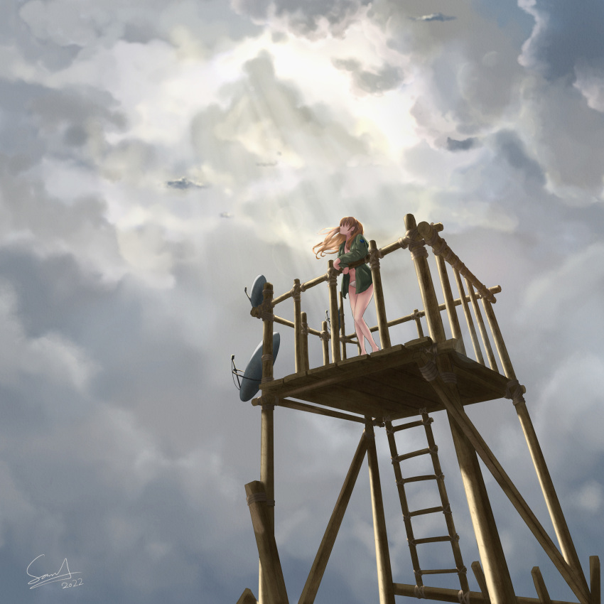 1girl akiranogo2000 brown_hair clouds cloudy_sky crossed_arms dated dutch_angle evangelion:_3.0+1.0_thrice_upon_a_time faceless faceless_female from_below green_jacket grey_sky highres jacket ladder leaning_on_rail light_rays long_hair navel neon_genesis_evangelion panties parted_lips rebuild_of_evangelion satellite_dish shoulder_patches signature sky solo souryuu_asuka_langley sunbeam sunlight two_side_up underwear white_panties wooden_deck wooden_railing