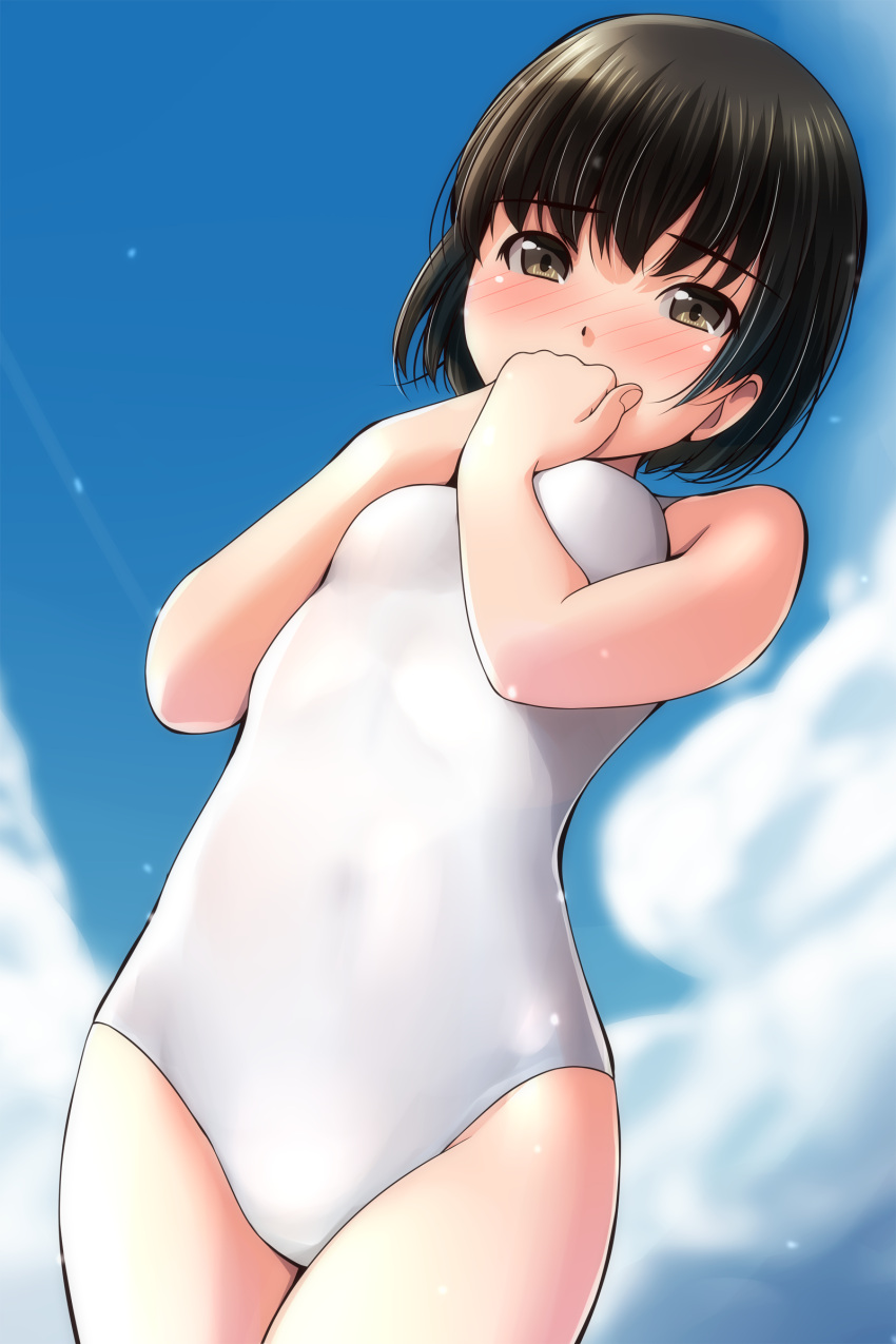 1girl absurdres bangs bare_arms black_hair blue_sky blush breasts brown_eyes clouds covered_navel covering_mouth day eyebrows_visible_through_hair highres legs_together long_hair matsunaga_kouyou one-piece_swimsuit original outdoors short_hair sky small_breasts solo standing swimsuit white_swimsuit
