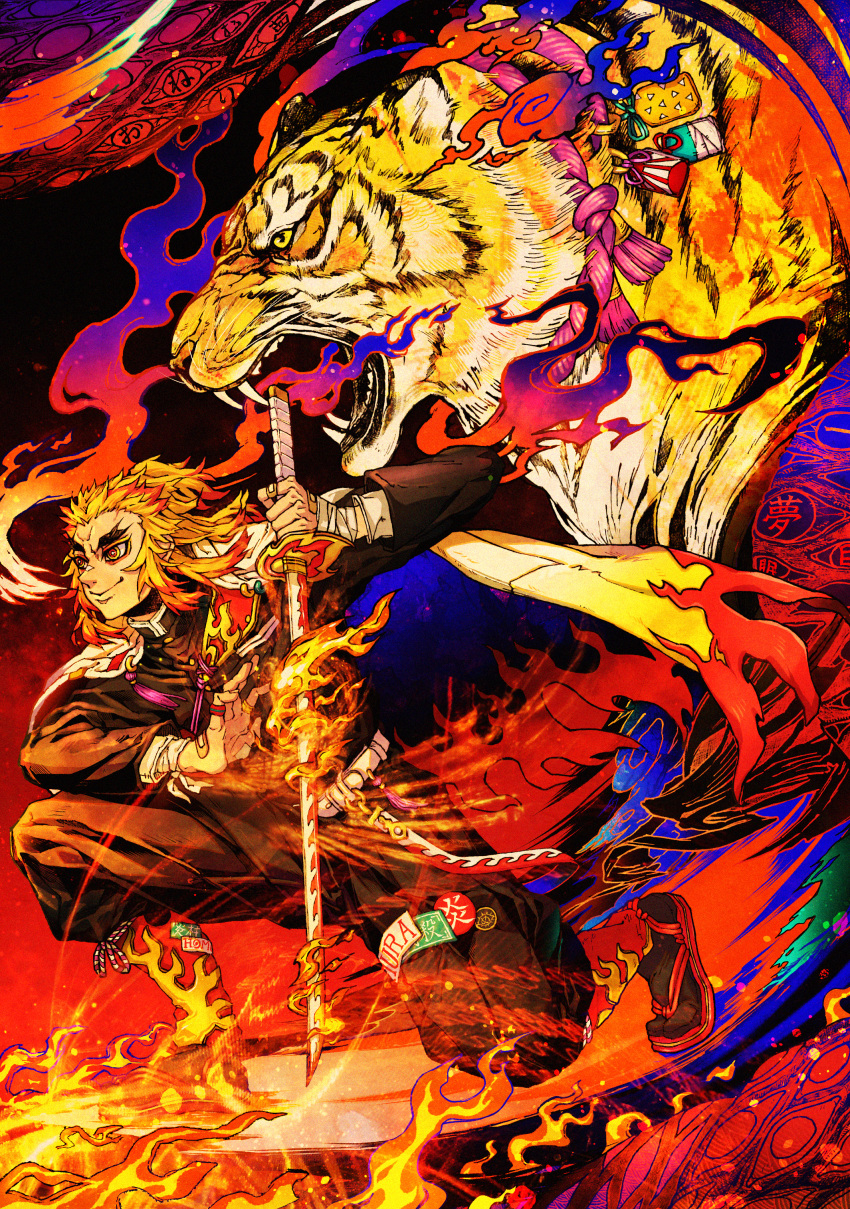 1boy absurdres bandages black_jacket blonde_hair cape closed_mouth fire highres holding holding_sword holding_weapon iririmari jacket japanese_clothes katana kimetsu_no_yaiba long_hair long_sleeves male_focus multicolored_hair pants red_eyes redhead rengoku_kyoujurou smile solo sword tiger two-tone_hair weapon