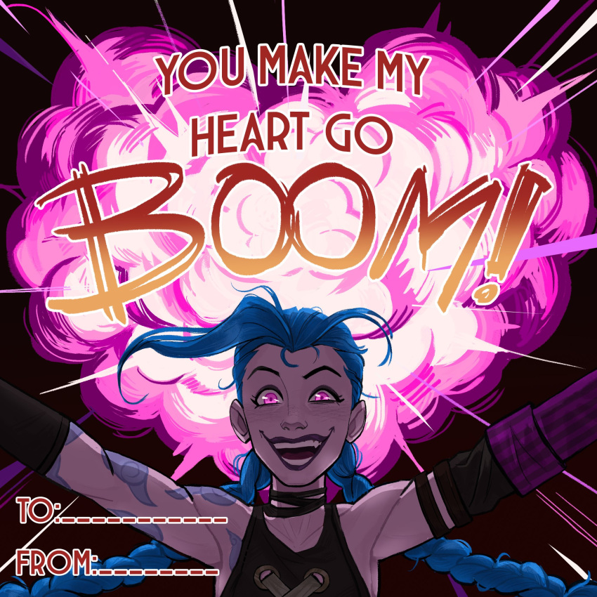 1girl arcane:_league_of_legends arcane_jinx arms_up astrodid asymmetrical_bangs bangs bare_shoulders blue_hair blush braid brown_choker choker cloud_tattoo collarbone english_text explosion fang heart highres jinx_(league_of_legends) league_of_legends long_hair looking_at_viewer open_mouth pink_eyes second-party_source smile solo tattoo teeth twin_braids valentine