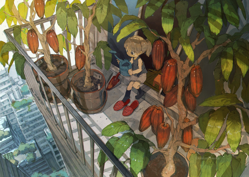 1girl building child cityscape cocoa_pod commentary_request date_pun day demizu_posuka food fruit leaf number_pun original plant potted_plant short_hair slippers slippers_removed solo tree window