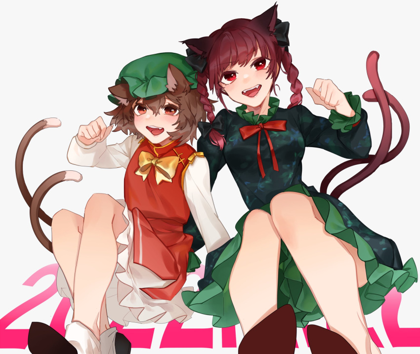2girls :d animal_ears arm_support bangs black_bow bow bowtie braid breasts brown_hair cat_ears cat_tail chen dress eyebrows_visible_through_hair fangs feet_out_of_frame gold_trim gradient gradient_background green_dress green_headwear grey_background hair_bow hair_ribbon hand_up hat highres kaenbyou_rin knees_together_feet_apart long_hair medium_breasts mob_cap multiple_girls multiple_tails nekomata paw_pose petticoat red_bow red_bowtie red_dress red_eyes redhead ribbon shidaccc short_hair simple_background smile tail teeth touhou tress_ribbon twin_braids twintails two_tails upper_teeth yellow_bow yellow_bowtie