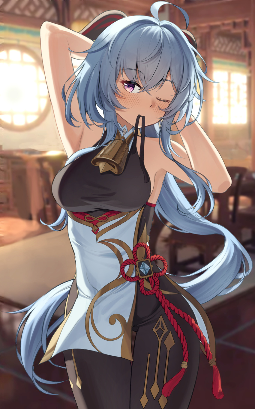 1girl absurdres ahoge armpits arms_behind_head arms_up bare_shoulders bell blue_hair bodysuit breasts cowboy_shot eyebrows_visible_through_hair flower_knot ganyu_(genshin_impact) genshin_impact goat_horns hair_tie haseon360 highres horns indoors large_breasts long_hair mouth_hold neck_bell one_eye_closed pantyhose round_window so_hyeon solo violet_eyes vision_(genshin_impact) window