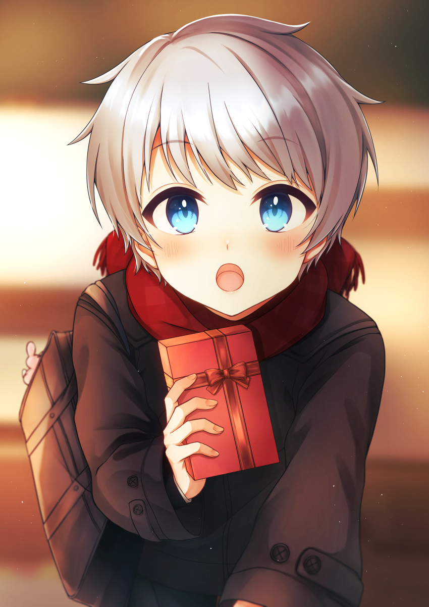 1boy :o absurdres backpack bag bangs blue_eyes blurry blurry_background blush box brown_coat child coat commentary eyebrows_visible_through_hair gift gift_box highres holding holding_gift leaning_forward looking_at_viewer male_focus open_mouth original randoseru red_scarf scarf shino_(shino1028) short_hair silver_hair solo sunlight upper_body valentine winter_clothes winter_coat
