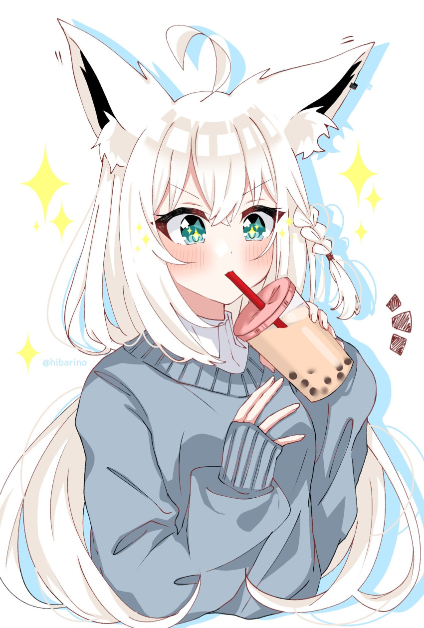 +_+ 1girl ahoge animal_ear_fluff animal_ears bangs blue_sweater blush braid bubble_tea commentary_request cup drinking drinking_straw drinking_straw_in_mouth earrings eyebrows_visible_through_hair fox_ears fox_girl green_eyes hair_between_eyes hibarino_tuyuri highres holding holding_cup hololive jewelry long_hair long_sleeves notice_lines shirakami_fubuki shirt sidelocks simple_background single_braid solo sparkle sweater v-shaped_eyebrows virtual_youtuber white_background white_hair white_shirt