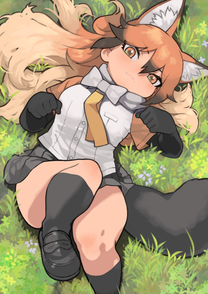 1girl absurdres animal_ear_fluff animal_ears black_footwear black_gloves black_hair black_legwear black_skirt blush bow bowtie commentary commission elbow_gloves extra_ears eyebrows_visible_through_hair fox_ears fox_girl fox_tail from_above gloves grass highres kemono_friends loafers long_hair looking_at_viewer lying multicolored_hair necktie on_back orange_eyes orange_hair orange_necktie orange_shirt pleated_skirt red_fox_(kemono_friends) rinx shirt shoes skeb_commission skirt socks solo tail two-tone_shirt white_bow white_bowtie white_shirt