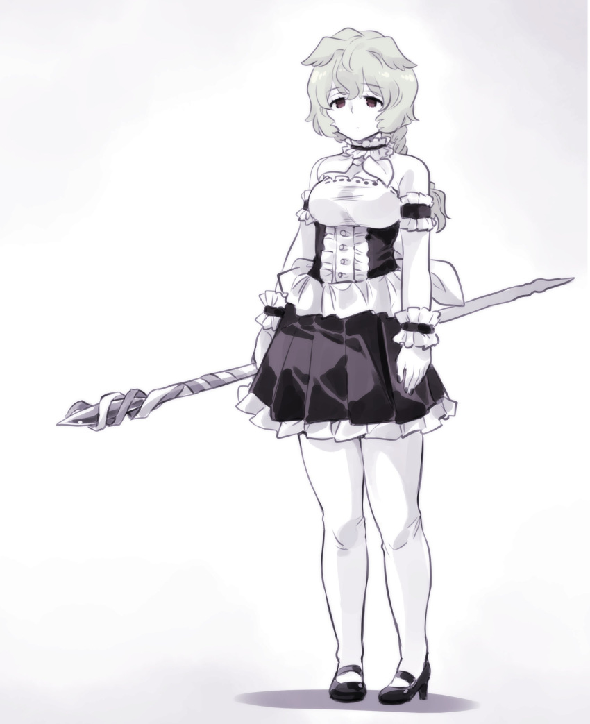 1girl absurdres bangs braid choker dress expressionless eyebrows_visible_through_hair frilled_choker frilled_dress frills greyscale high_heels highres holding holding_staff ishiyumi long_hair looking_ahead monochrome original shadow solo staff standing