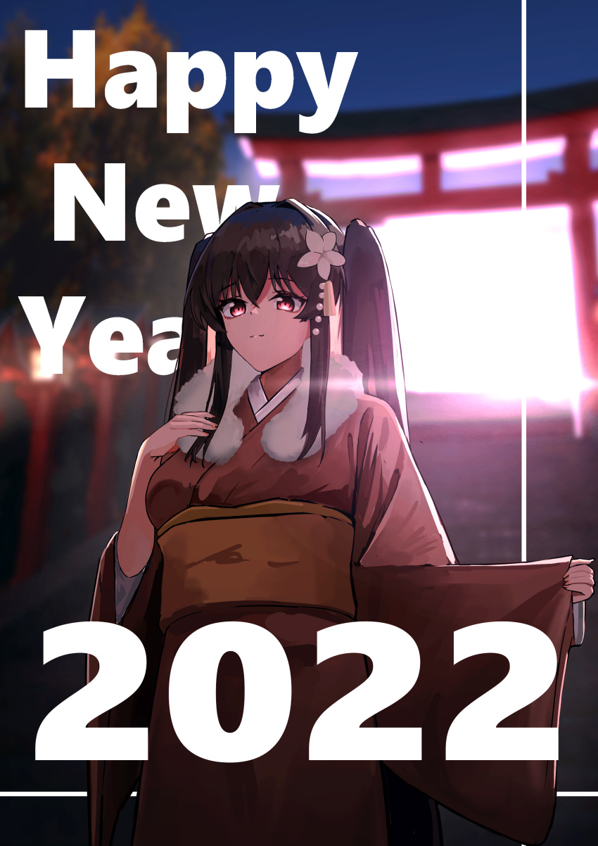 1girl 2022 absurdres architecture arm_up bangs breasts brown_hair closed_mouth east_asian_architecture expressionless eyebrows_visible_through_hair flower fur-trimmed_kimono fur_trim girls_frontline hair_flower hair_ornament hanabusaraleigh happy_new_year highres japanese_clothes kimono long_hair looking_at_viewer m14_(girls'_frontline) nail_polish new_year orange_nails smile solo standing twintails violet_eyes