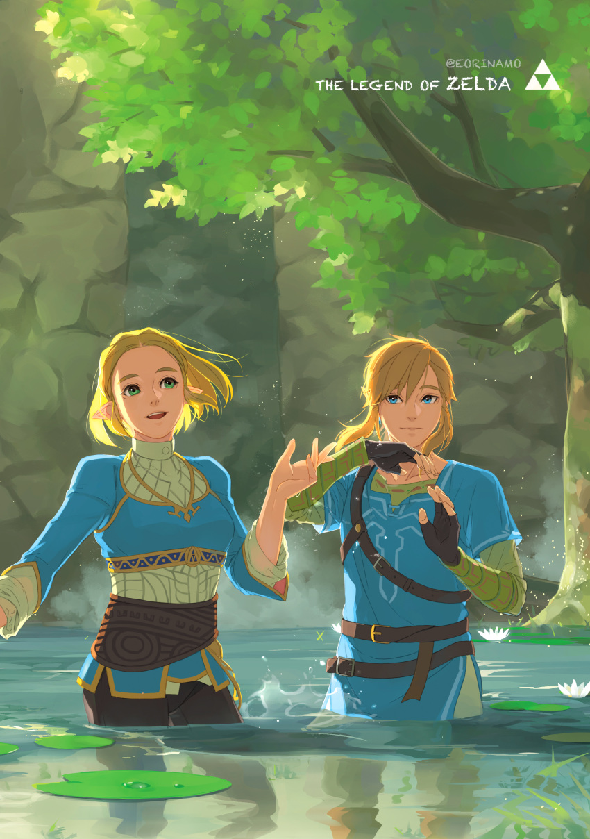 1boy 1girl absurdres black_gloves blonde_hair blue_eyes blue_tunic closed_mouth eorinamo fingerless_gloves flower gloves green_eyes highres leaf lily_pad link lotus open_mouth partially_submerged pointy_ears princess_zelda rock short_hair sleeves_rolled_up splashing strap the_legend_of_zelda the_legend_of_zelda:_breath_of_the_wild twitter_username water