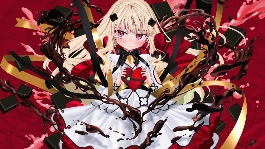 1girl blonde_hair blush box chocolate closed_mouth dress heart-shaped_box long_hair looking_at_viewer luicent neck_ribbon original pink_eyes ribbon solo valentine white_dress