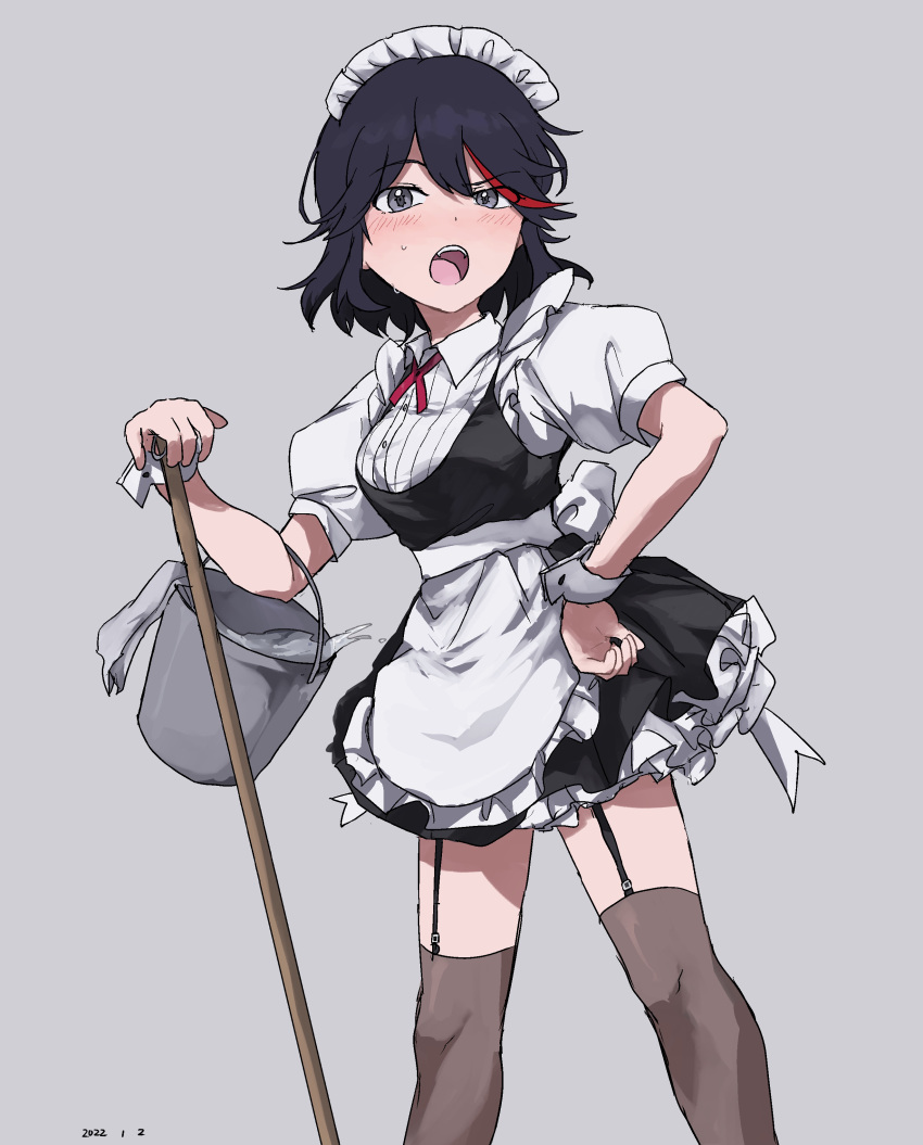 1girl absurdres apron black_dress black_hair blush bucket collared_shirt commentary_request dated dress frilled_apron frills garter_straps grey_background grey_legwear hand_on_hip highres holding holding_mop kill_la_kill maid maid_apron maid_headdress matoi_ryuuko mop multicolored_hair neck_ribbon open_mouth pinafore_dress puffy_short_sleeves puffy_sleeves raised_eyebrow red_ribbon redhead ribbon shirt short_hair short_sleeves simple_background solo streaked_hair sweat takatisakana thigh-highs white_apron white_shirt wrist_cuffs