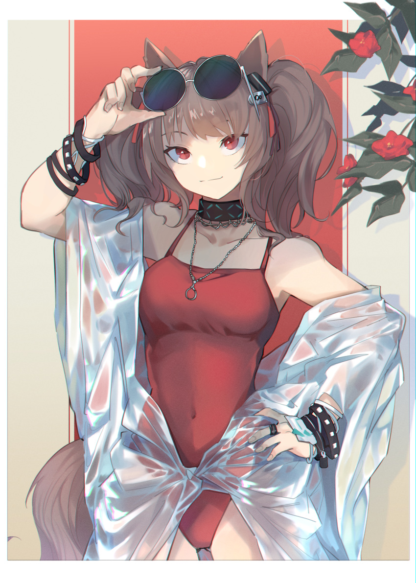 1girl adjusting_eyewear angelina_(arknights) angelina_(summer_flowers)_(arknights) animal_ears arknights arm_up bangs bare_shoulders black_choker breasts brown_hair choker commentary cowboy_shot eyewear_on_head flower fox_ears fox_tail hand_on_hip highres jewelry kamatpit long_hair looking_at_viewer medium_breasts necklace off_shoulder one-piece_swimsuit red_eyes red_flower red_swimsuit smile solo spaghetti_strap standing sunglasses swimsuit tail twintails