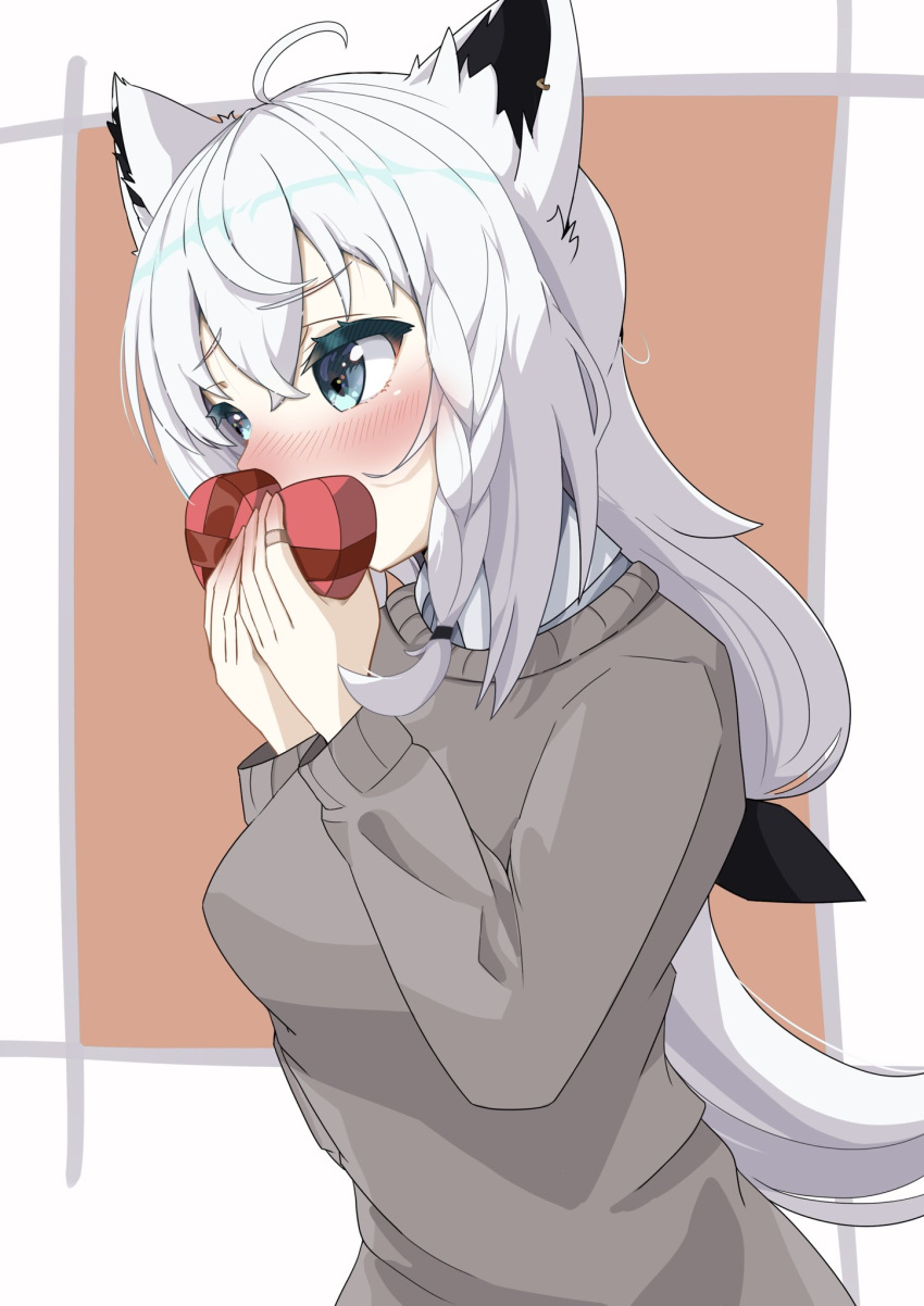1girl ahoge animal_ear_fluff animal_ears bangs blush box braid commentary_request covered_mouth earrings eyebrows_visible_through_hair fox_ears fox_girl gift gift_box green_eyes grey_sweater hair_between_eyes heart-shaped_box highres hitanirin holding holding_gift hololive jewelry long_hair looking_to_the_side shirakami_fubuki sidelocks single_braid solo sweater virtual_youtuber white_hair