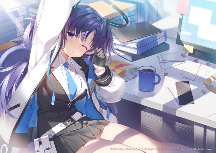 1girl black_gloves black_skirt blue_archive breasts cellphone cup desk gloves hair_ornament halo id_card jacket long_hair medium_breasts monitor mug necktie open_clothes open_jacket phone purple_hair receipt shirt skirt smartphone snack thighs twintails violet_eyes yuuka_(blue_archive) yuuki_hagure